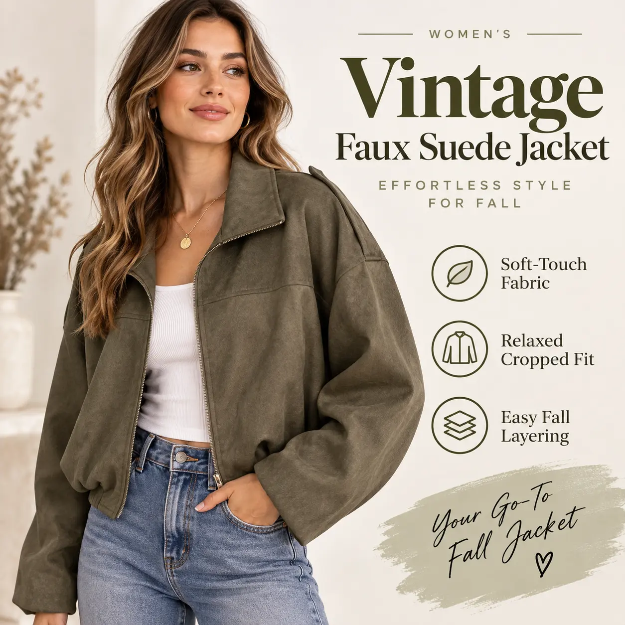 Women's Faux Suede Bomber Jacket, Olive Army Green Cropped Oversized Zip-Up Coat, Drop Shoulder Long Sleeve Lightweight Fall Outerwear, Soft Vintage Streetwear Jacket, Casual Y2K Layering Top for Women, Spring Fall 2026 Fashion, Travel & Daily Wear