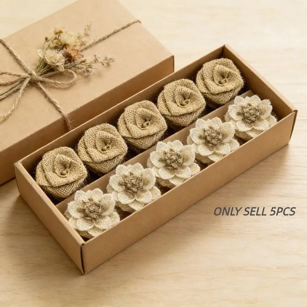5Pcs DIY Handmade Linen Flower, Vintage Linen Wedding Home Decoration Rustic Style Forest Hair Accessories Gift Packaging Material Flower Handmade Brooch Material Flower