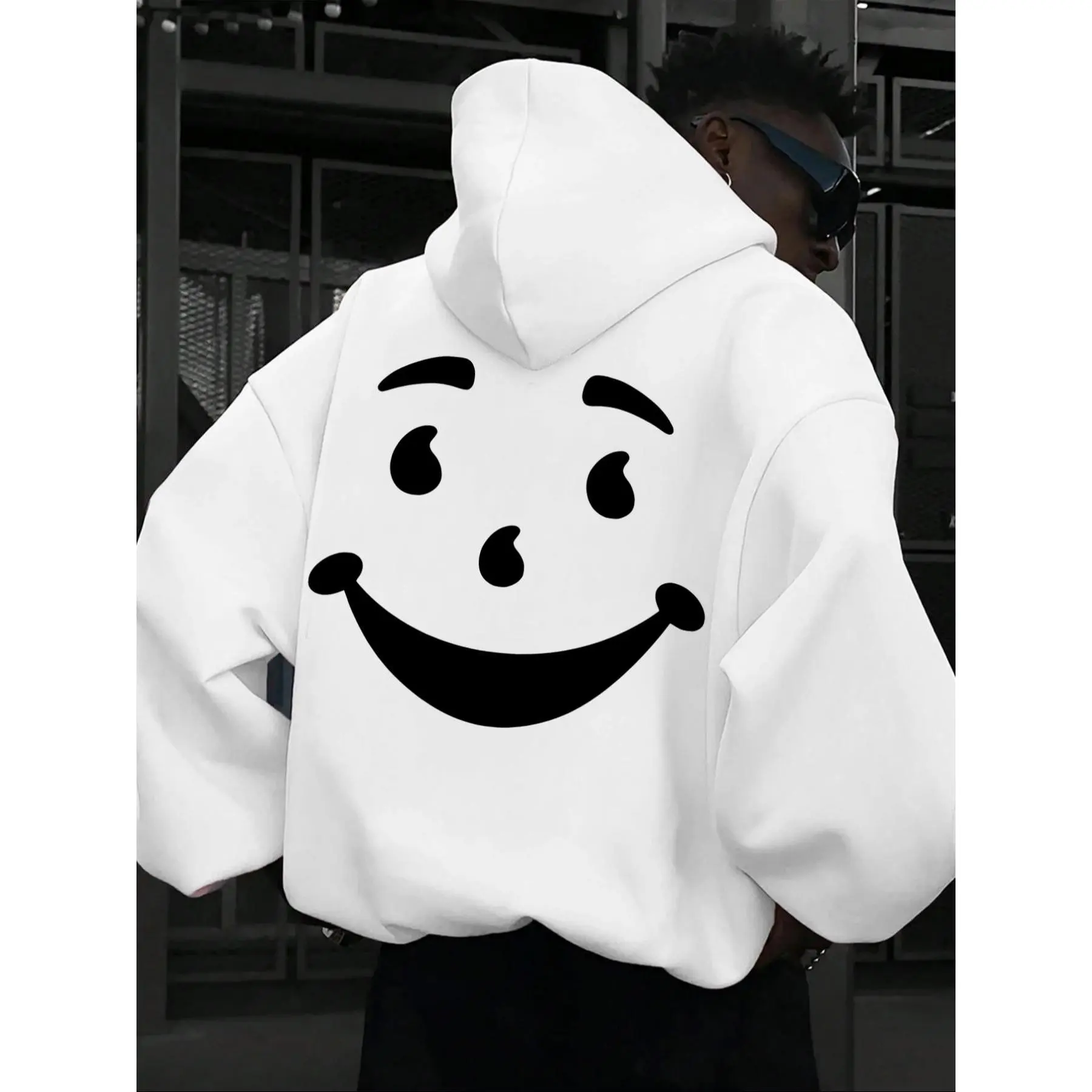 Men's Cartoon Smile Face Print Drop Shoulder Hoodie, Fashion Casual Comfy Streetwear Regular Fit Drawstring Pocket Hooded Sweatshirt for Daily Holiday Outdoor Wear, Men Clothes for Fall & Winter