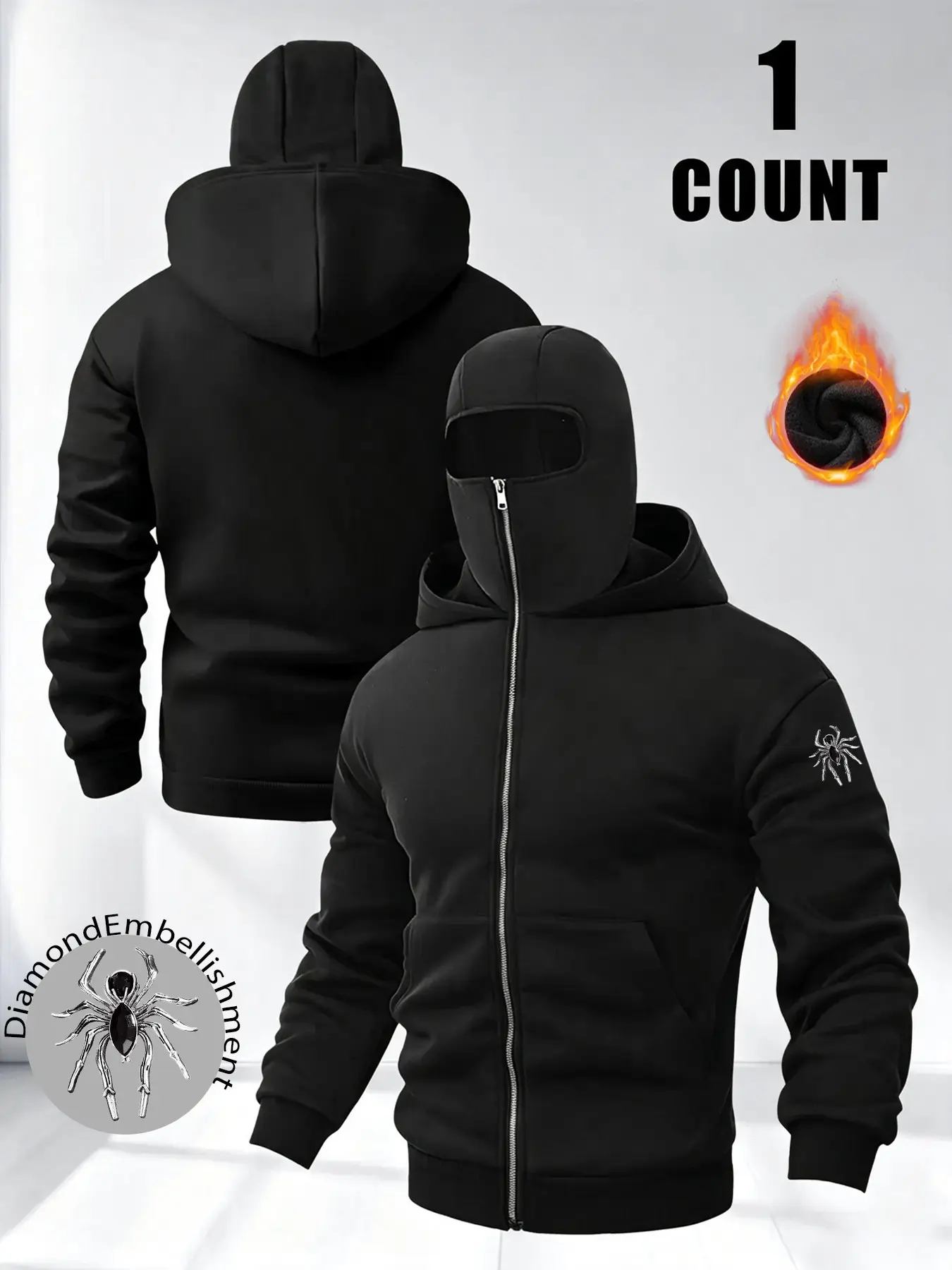 Men's Y2K Gothic Spider Rhinestone Hoodie, Loose Fit, Thick Warm Fleece, Ninja Mask Hat Combo, Streetwear for Skateboarding, Fitness, Camping, Daily Wear