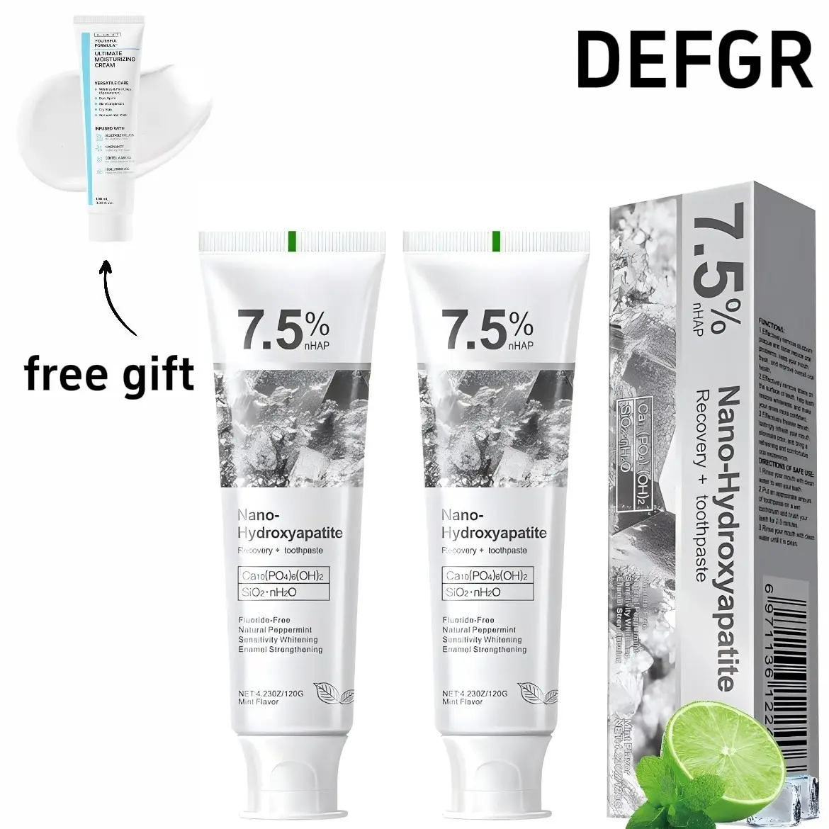 DEFGR 7.5% Hydroxyapatite Oral Toothpaste - Advanced Enamel Protect & Boost, Gentle Brushing for Sensitive Teeth, Effective Fresh Mint Formula (2 Pack)