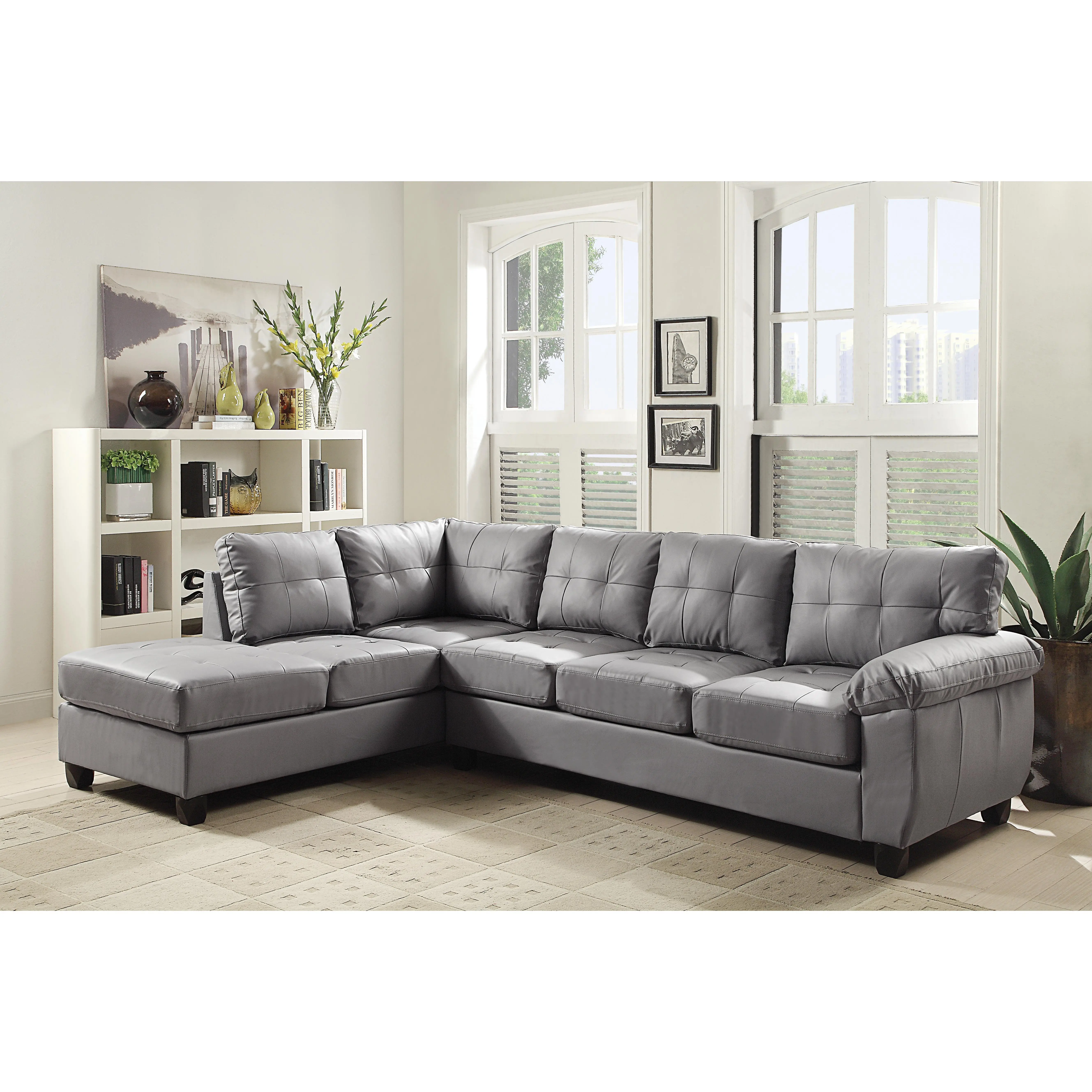 Nokaa 4-Seat Sectional Sofa with Chaise, Gray PU Modular Couch for Living Room, Family Room, Apartment, Office, Hardwood Frame, Pocketed Coil Cushions, Easy Assembly, Multiple Configurations