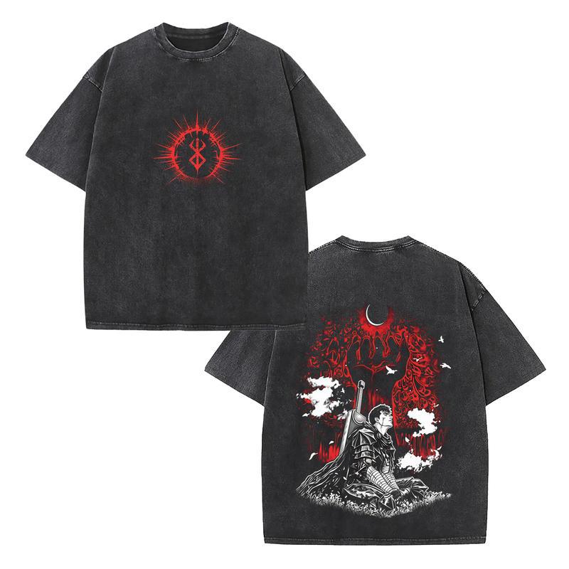 Guts Berserk Graphic Tee – Black Knight Vintage Washed Anime Shirt, Dark Gothic Manga Oversized Cotton Top, Trendy Streetwear Menswear for Casual, Party, Convention, and Anime Fans
