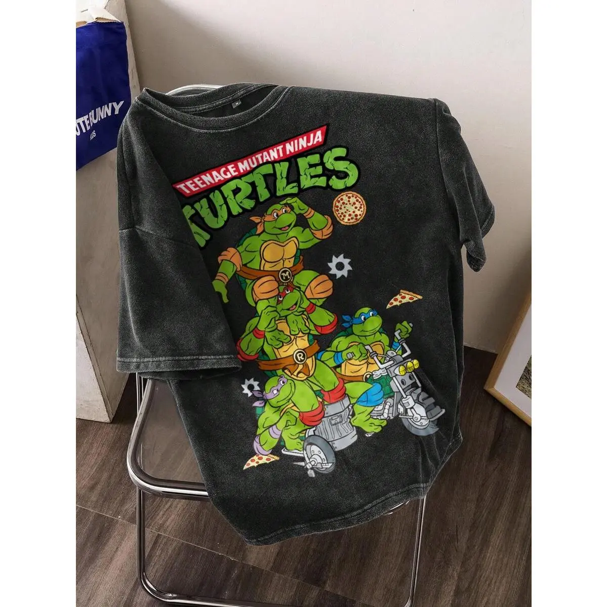 TEENAGE MUTANT NINJA TURTLES |   Men's Casual Fashionable Street Cartoon Turtle & Letter Print Washed Loose T-Shirt, Summer