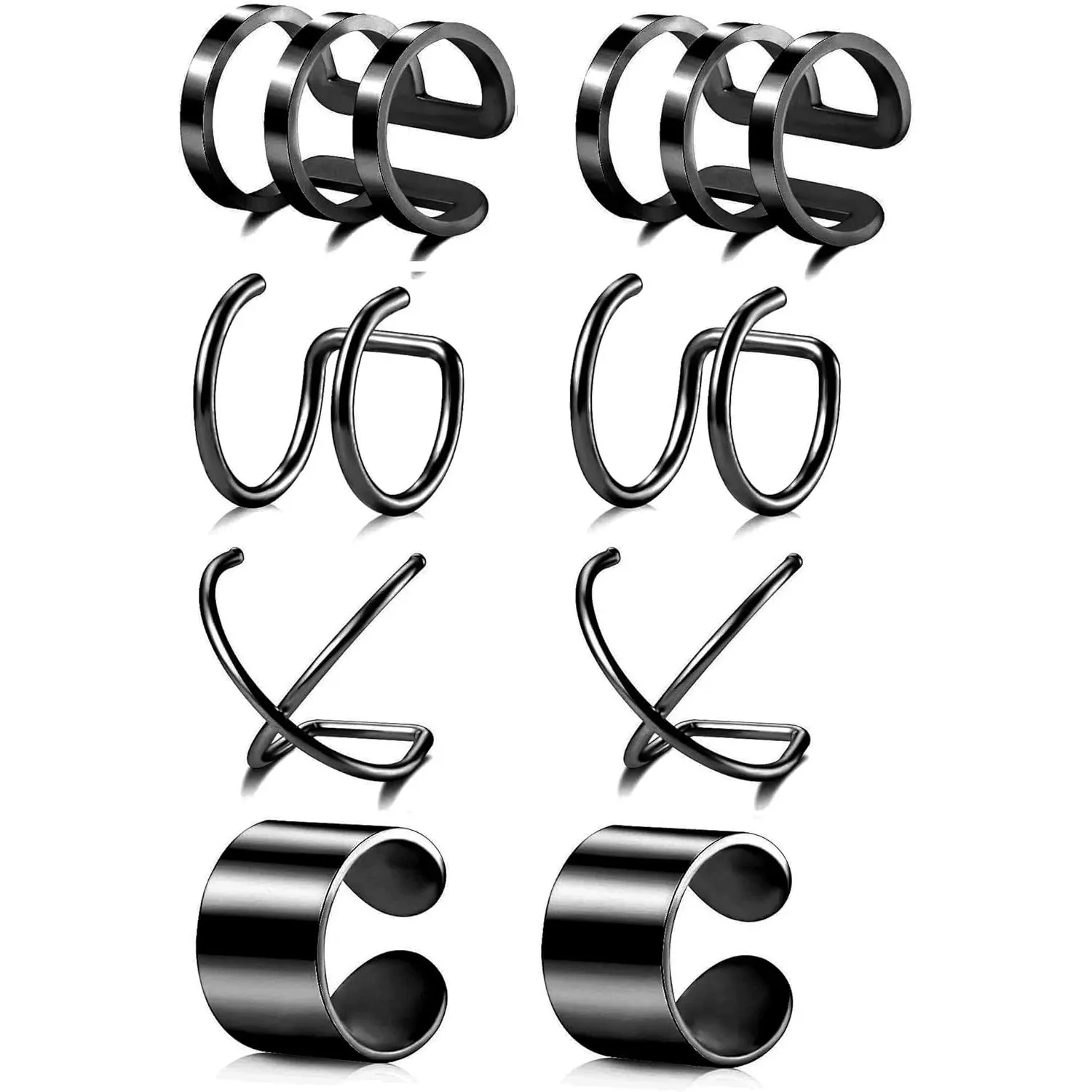 Stainless Steel Clip On Ear Cuffs & Fake Nose Ring Set, Multiple Pairs of Adjustable Non-Piercing Jewelry for Women, Clip Earrings, 4-10 Pairs, Fake Piercings, Female, Casual, Daily
