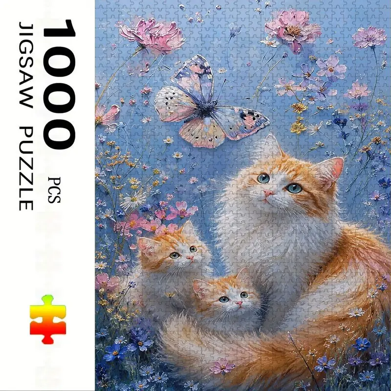 1000 Piece Cat and Butterfly Puzzle, Large Adult Family Interactive Toy, DIY Home Decor Brain Challenge, Festive Design, Durable Puzzle