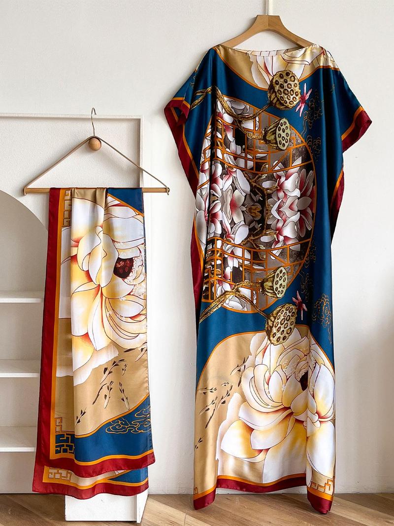 Elegant Floral Print Long Robe and Headscarf Set, Boho Style Beach Cover-Up with Sun Protection, Women's Lightweight Satin Scarf, Swimsuit Cover Up