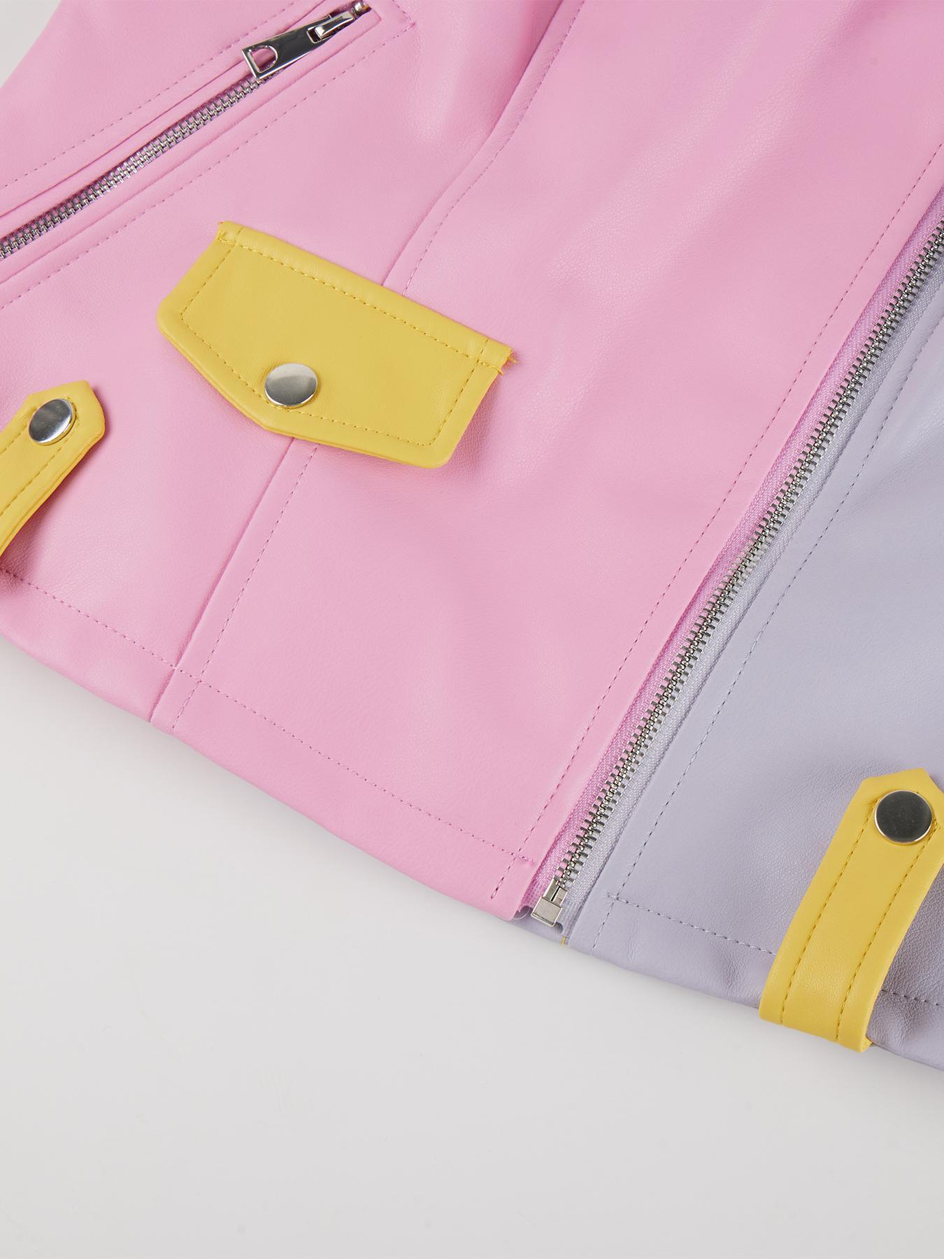 Women's Spring Four-Season Motorcycle Jacket, Fashionable Long Sleeve Lapel Zipper Waist Cinched Fitted Patchwork Short Coat with Pockets, Fall Winter Outerwear