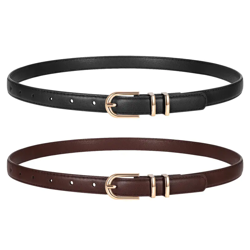 JASGOOD 2 Pack Women Skinny Leather Belts for Jeans Pants Thin Faux Leather Belt with Gold Buckle
