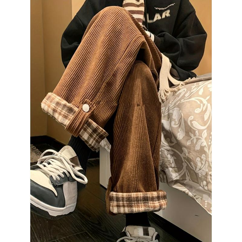 Fashion men's wear: Men's Casual Corduroy-Textured Wide-Leg Pants with Plaid Contrast Cuffs - Beige & Brown All-Season Straight-Leg Trousers, Machine Washable for Casual Attire