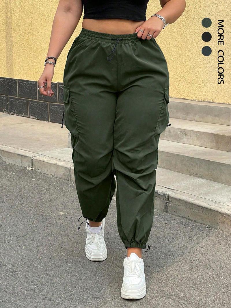 Women's Solid Drawstring Waist Cargo Pants, Casual Pocket Trousers for Daily Wear, Pants for Women,&nbsp;Ladies Bottoms for Fall & Winter