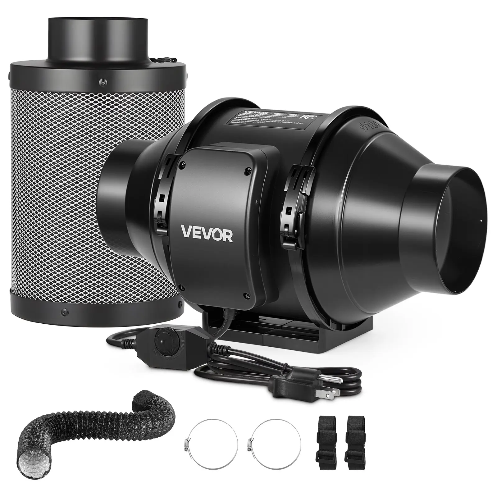 VEVOR 4-In Inline Duct Fan Air Filtration Ventilation Kit, 180 CFM Unit with Speed Controller, Carbon Filter Ducting System for Grow Tents, Hydroponics