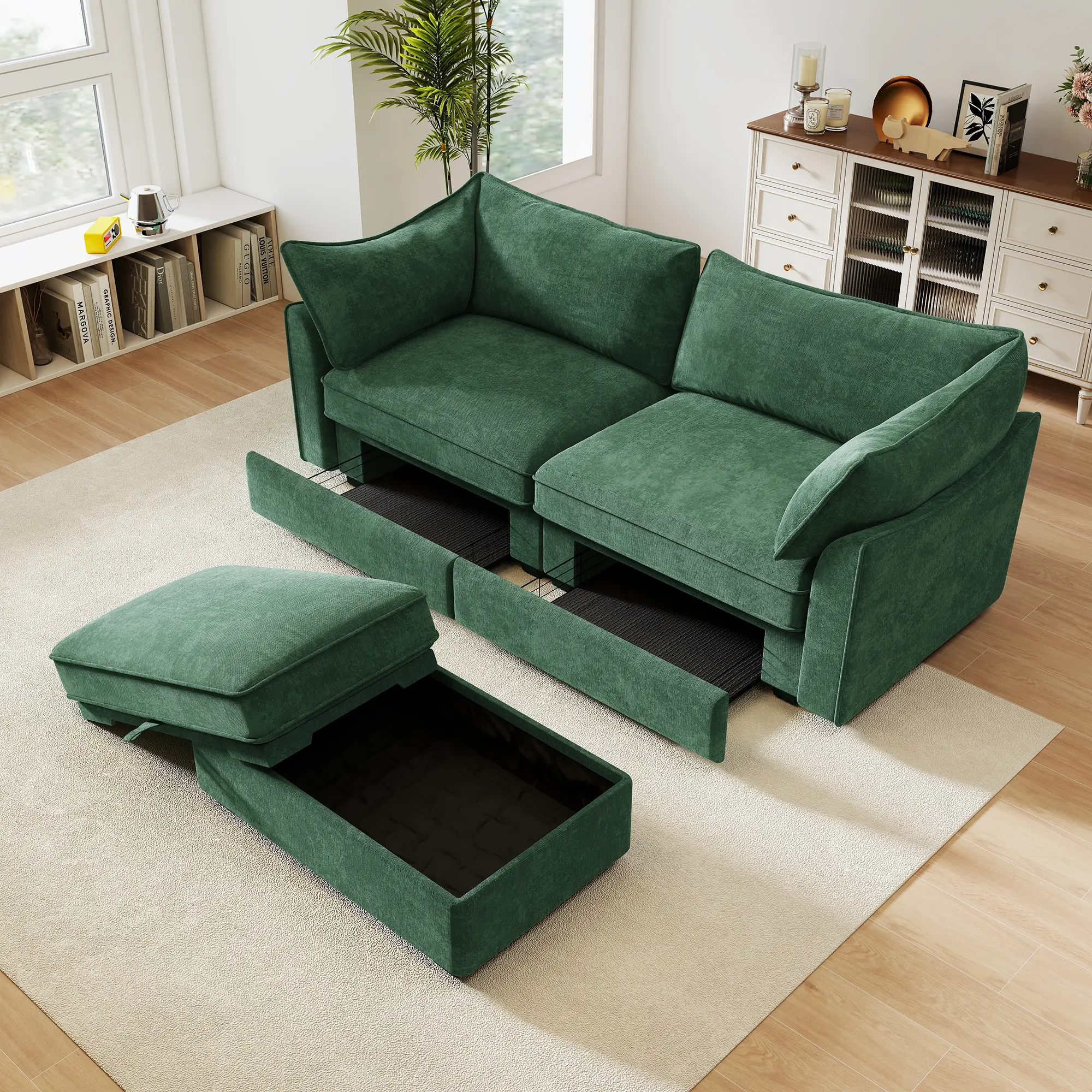 ARCH 2-Seater Compact Size Chenille Green Loveseat Sofa with Flexible Ottoman, Under-Seat Pull-Out Storage, Drawers, Footrest - Family Room Indoor Furniture for Small Spaces, Apartments