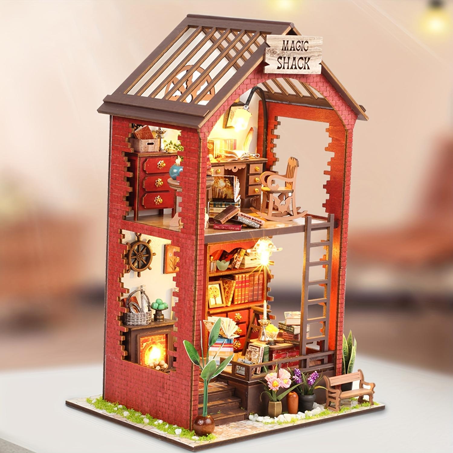 DIY Wooden Book Nook Kit, DIY Miniature House Kit with Light, 3D Desktop Decoration Ornament, DIY Model Kit for Bookshelf Decoration, House Building Kit