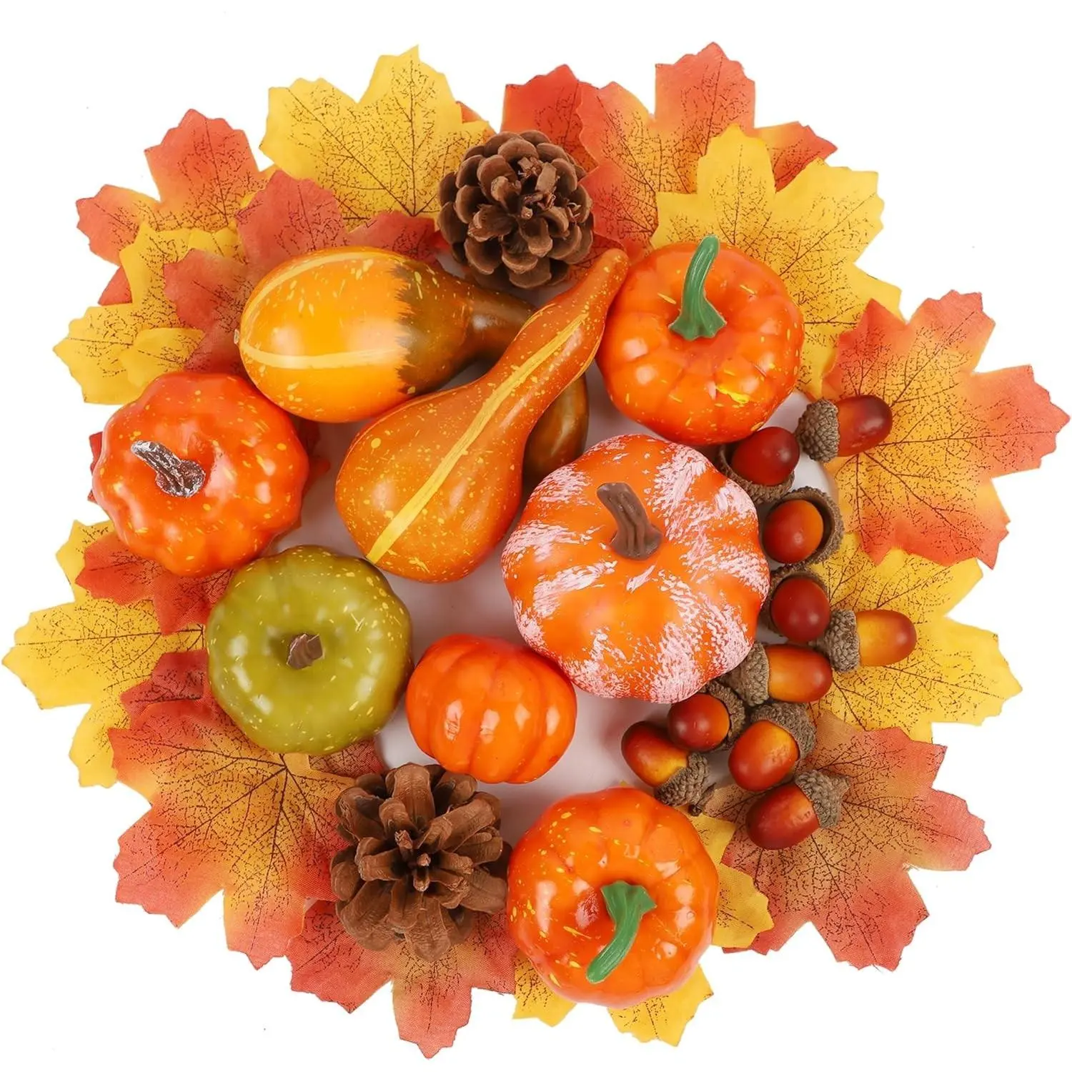 Decorative Fall Farmhouse Mini Pumpkins, Gourds & Leaves Set - Thanksgiving Table Centerpieces, Cornucopia Basket Bowl Fillers for Jars, Vases, Glass Containers, Photo Props (Largest Pumpkin 4.5"x2.1") - Ideal for DIY Enthusiasts