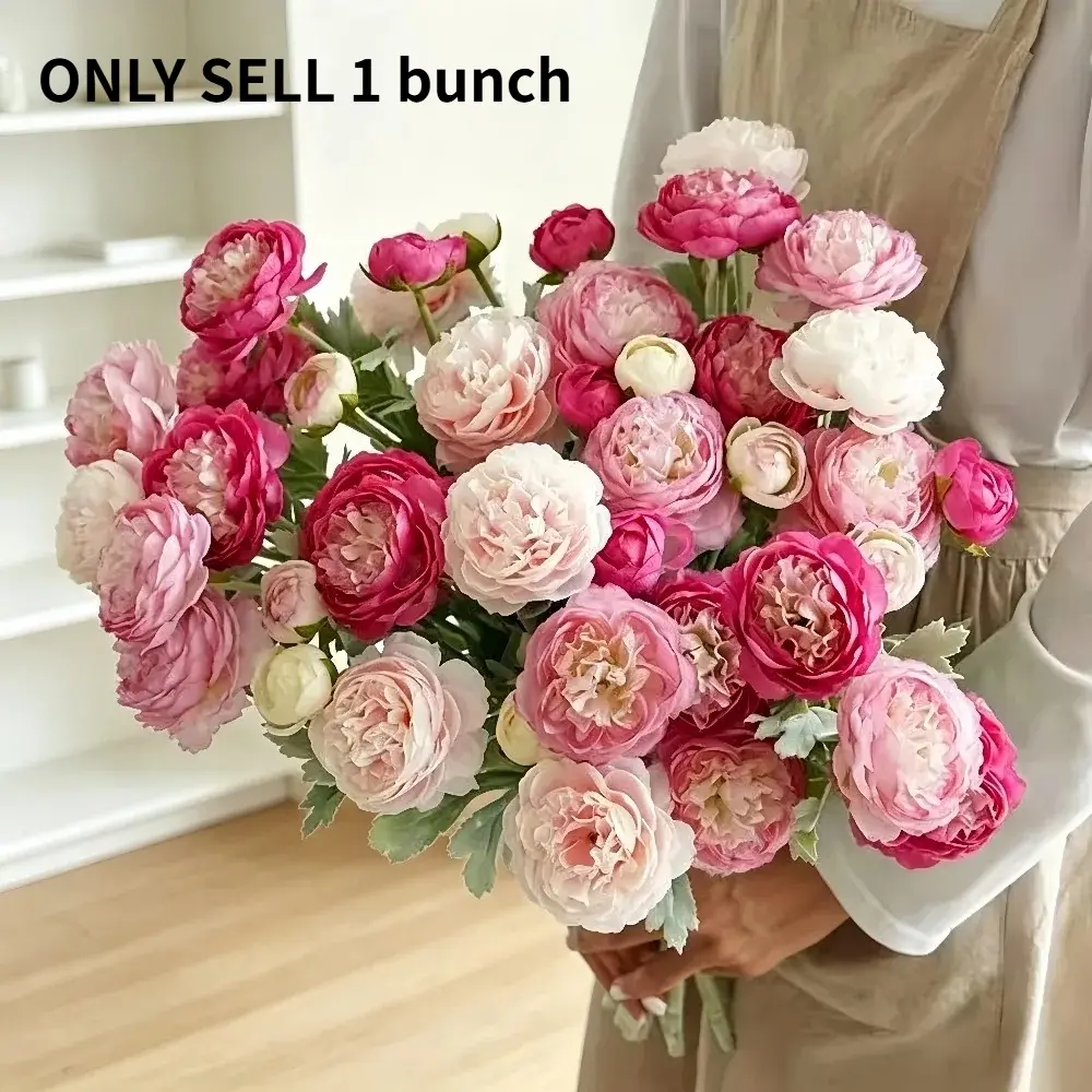 3-head Artificial Ranunculus Silk Flowers, Faux Peony Fake Flowers with Flocked Leaves, Realistic Artificial Flower Bouquet for Dining Table, Wedding Arrangement, Home Photo Decor