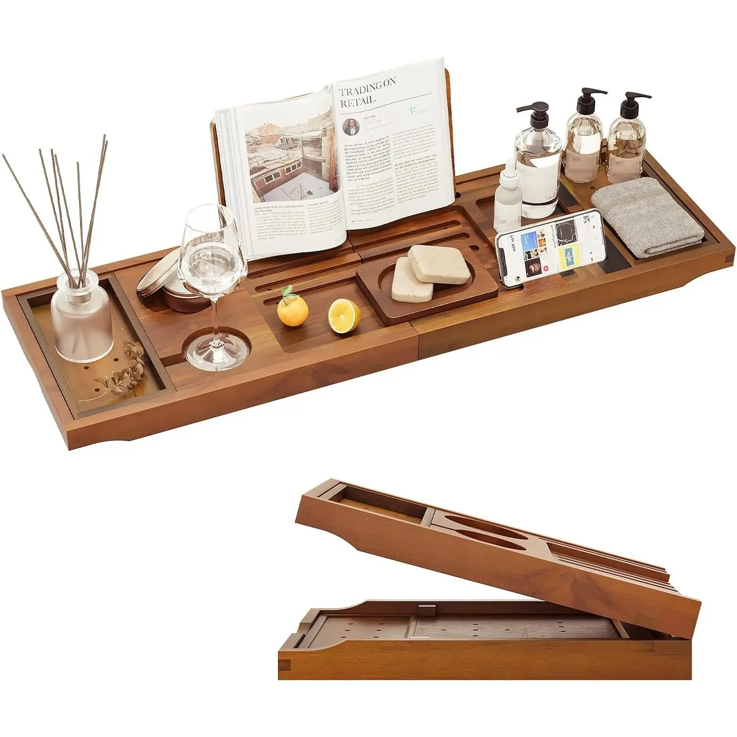 Premium Foldable Expandable Teak Bathtub Tray, Luxury Bath Tray for Tub, Bathroom Bathtub Accessories