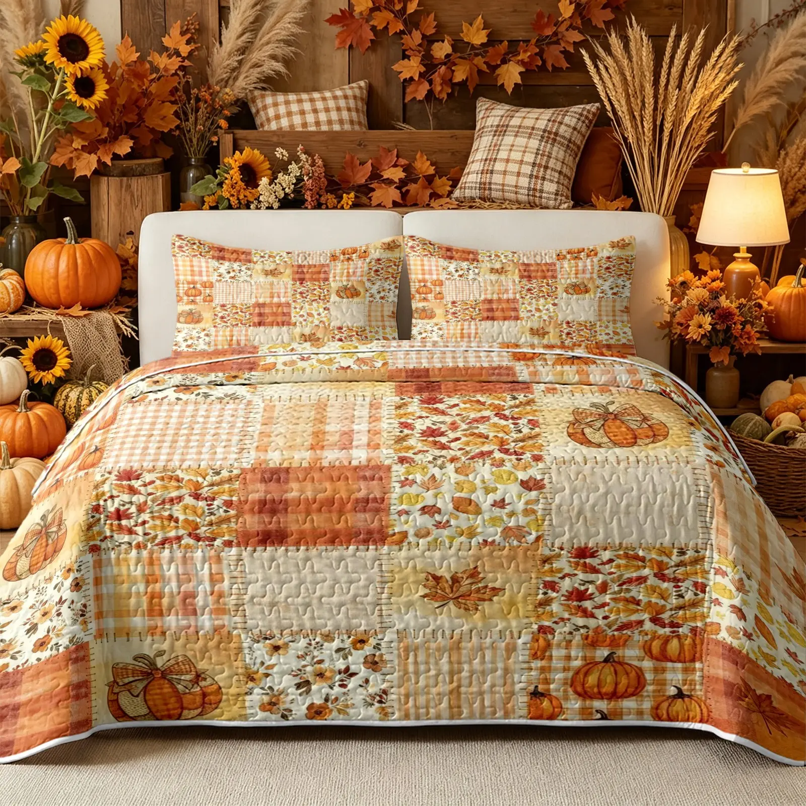3-Piece Thanksgiving Patchwork Quilted Bedspread Set, Checkered Maple Leaf and Pumpkin Print Bedspread, Soft and Reversible, Includes Two Pillowcases, Comforter Not Included, Autumnal Ambiance, Festive Bedding for Bedrooms and Guest Rooms