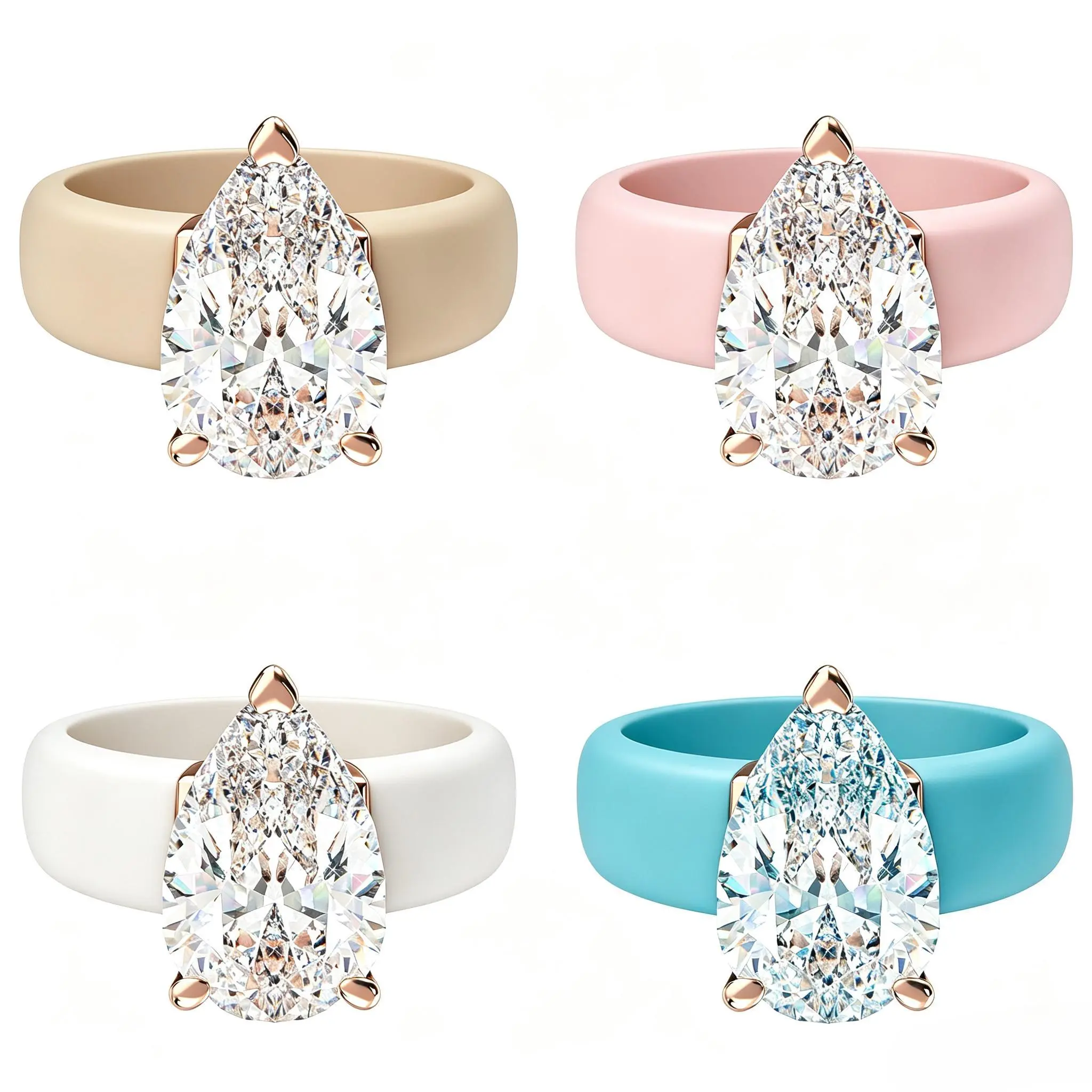Women's Silicone Ring with Large water drop CZ Stone,Rose Gold Prong Setting, Comfortable Sport WeddingBand, Anti-allergy Jewel