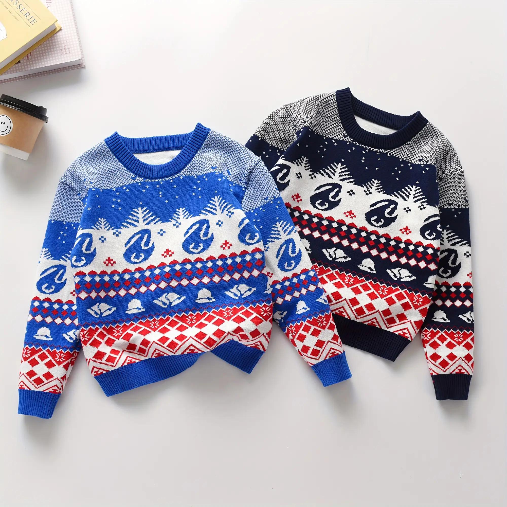 Boys' Heavy-Duty Winter Sweater - Double-Layer Thick Knit Pullover with Reindeer & Snowflake Christmas Pattern, Blue/Red/White Sweater Vest for Kids, Machine Washable Round Neck Long Sleeve Coat-like Top (Holiday & Casual Attire)