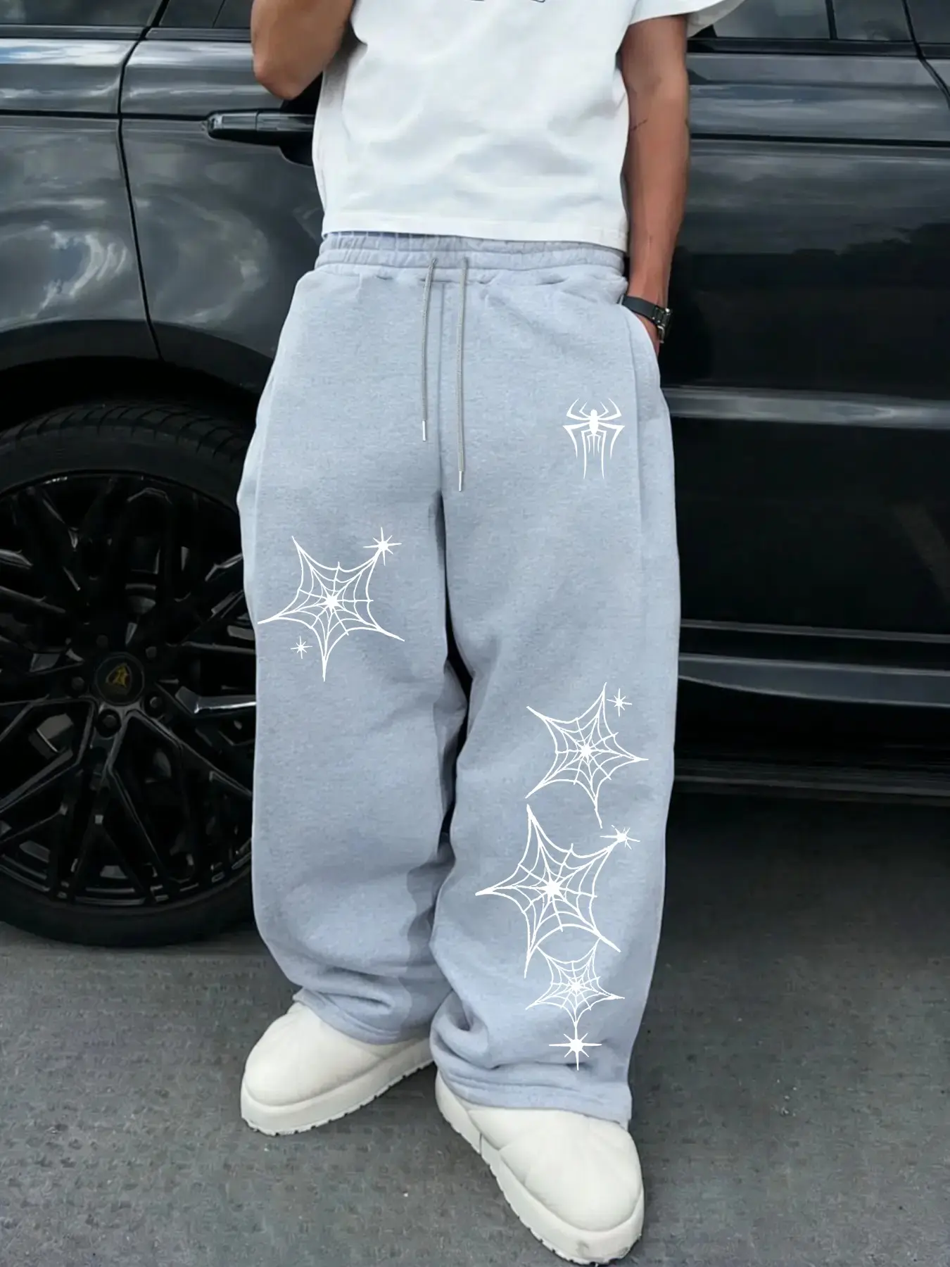 Spider Web Print Sweatpants for Men, Fashion Street Style, Loose-Fit Straight Leg, Comfortable Breathable Fabric, Ideal for Daily Wear