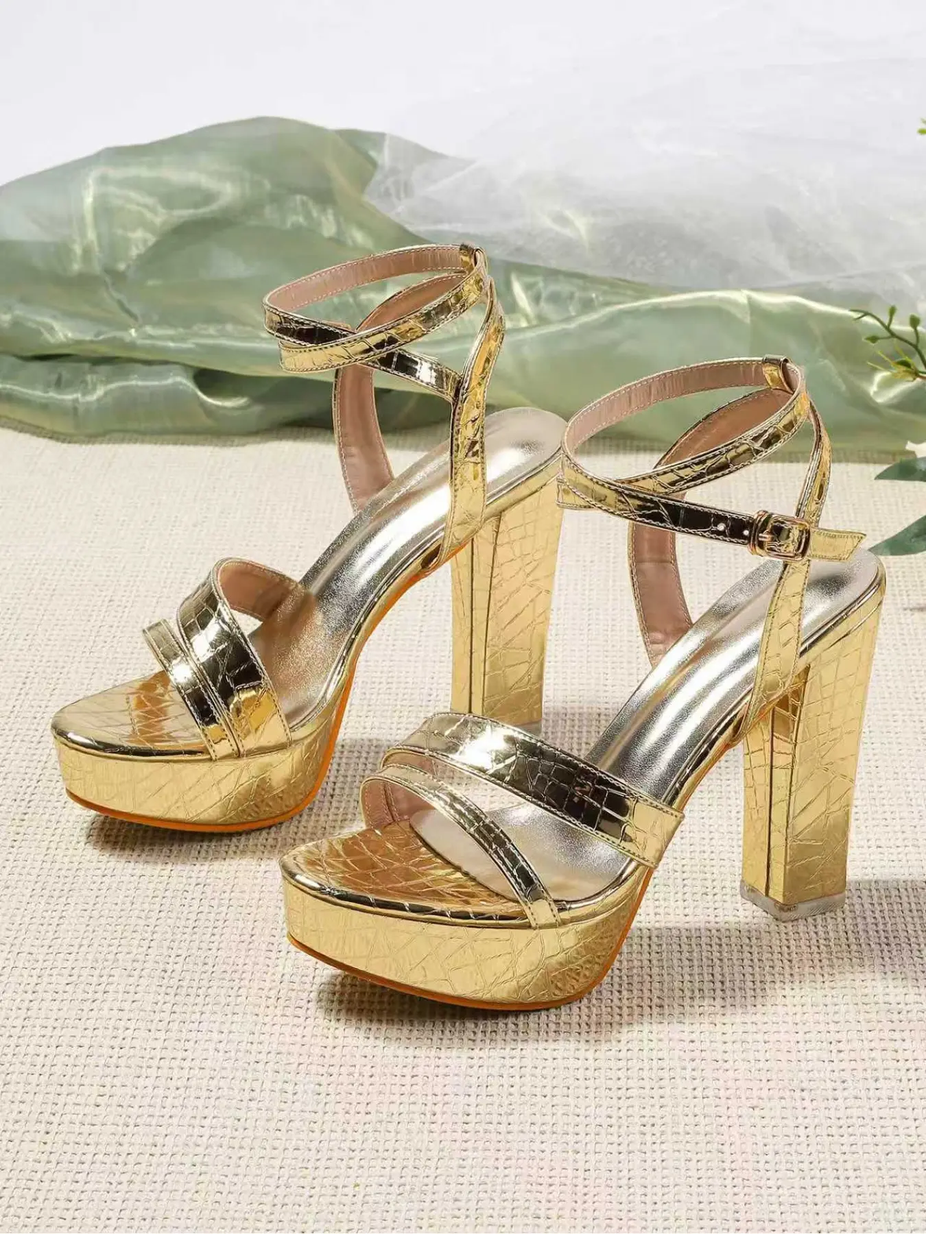 Metallic Gold Croc Texture Platform Block Chunky Heels Sandals Women Crisscross Ankle Strap Bow Open Toe Party Club Wedding High Heels Fashionable Platform Sandals