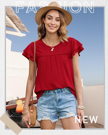 Women's Summer Tops Crewneck Eyelet Ruffle Short Sleeve Blouses Casual Babydoll Shirts 2025 S-2XL Lightweight Soft Knitted Fabric Trendy Babydoll Style