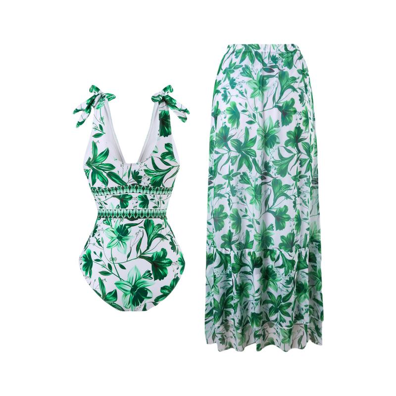 Women's V Neck Bohemian Print One-Piece Swimsuit and Matching Cover Skirt Set Summer Swimdress Swimming Vacation Beach Bathing SuitSuit Stylish Beachwear