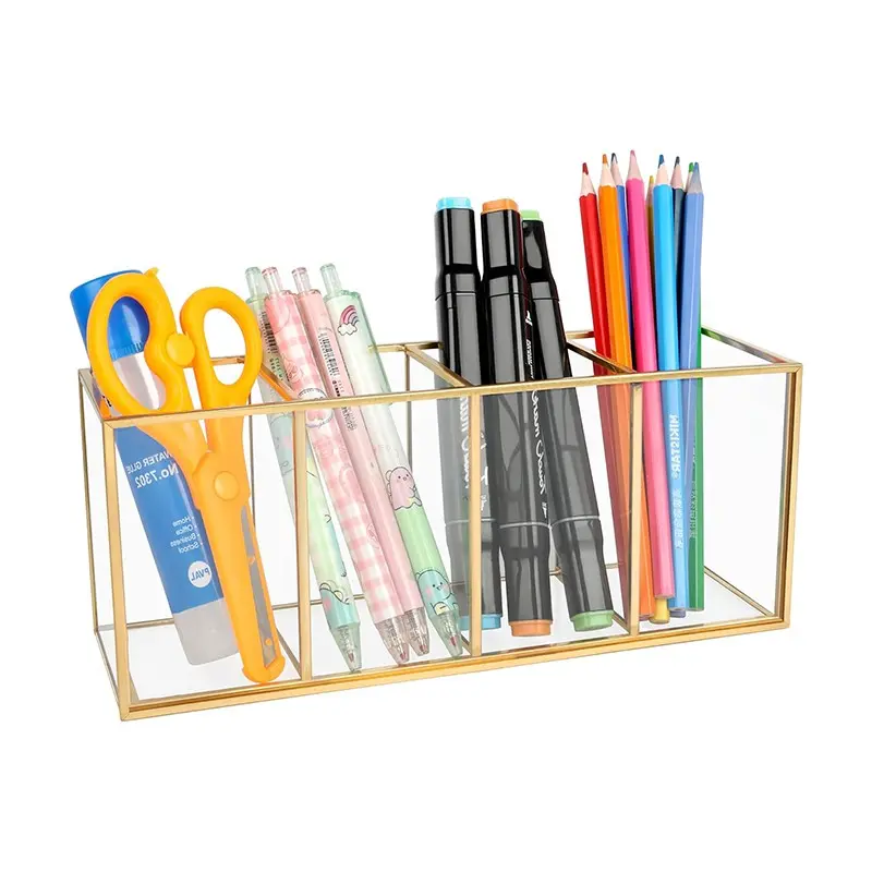 Gold Pencil Holder, Gold Makeup Brush Holder, 4-Compartment Desktop Organizer, Transparent Glass Holder, Ideal For Makeup, Office, School Items Storage