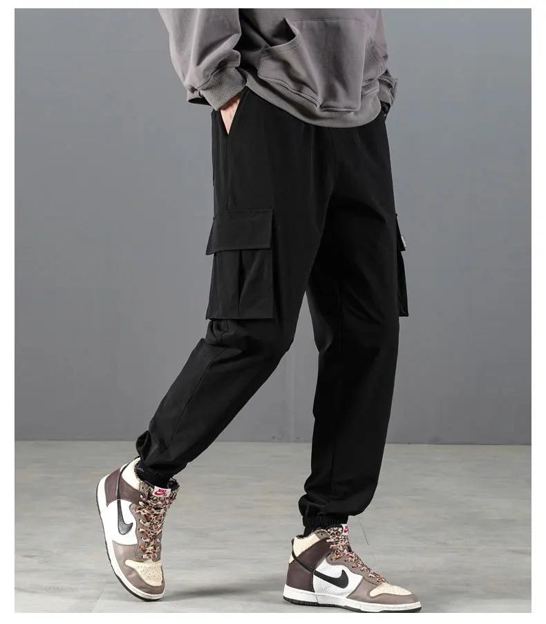 Casual work pants men's spring and autumn Japanese style Hong Kong style straight leg men's pants with multiple pockets, trendy black men's fashion brand ins loose paratrooper casual pants, thick American logging ankle pants