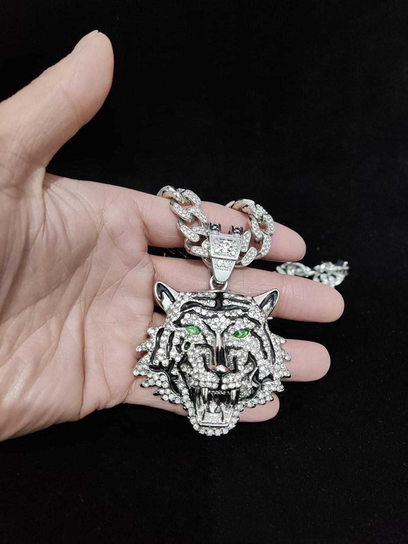 Hip Hop Luxury Rhinestone Tiger Shaped Pendant Necklace for Men & Women, Summer Chunky Cuban Chain Necklace, Streetwear Necklace, Cuban Link Chain, Gift for Girlfriend