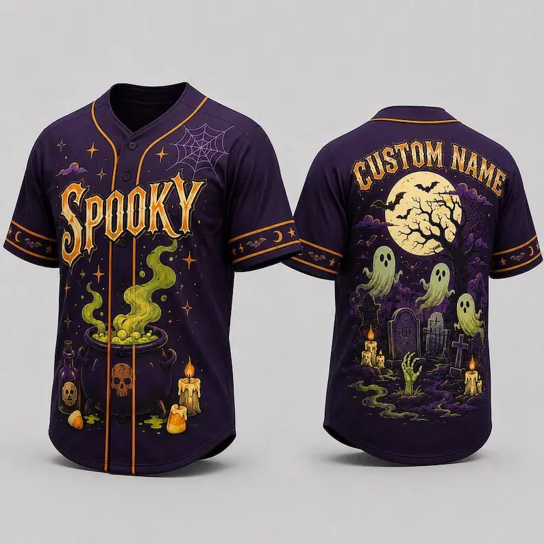 Spooky Halloween Baseball Jersey, Witch Purple Graveyard Ghost Shirt, Witch Cauldron Button Down