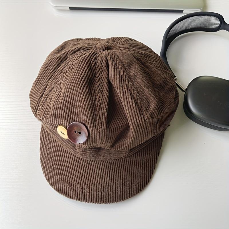 Retro Corduroy Beret Hat - Breathable Flannel Octagonal Design with Button Detail, Brown Four-Season Versatile Literary Style Hat for Casual Outfits, Birthday Gift for Friends