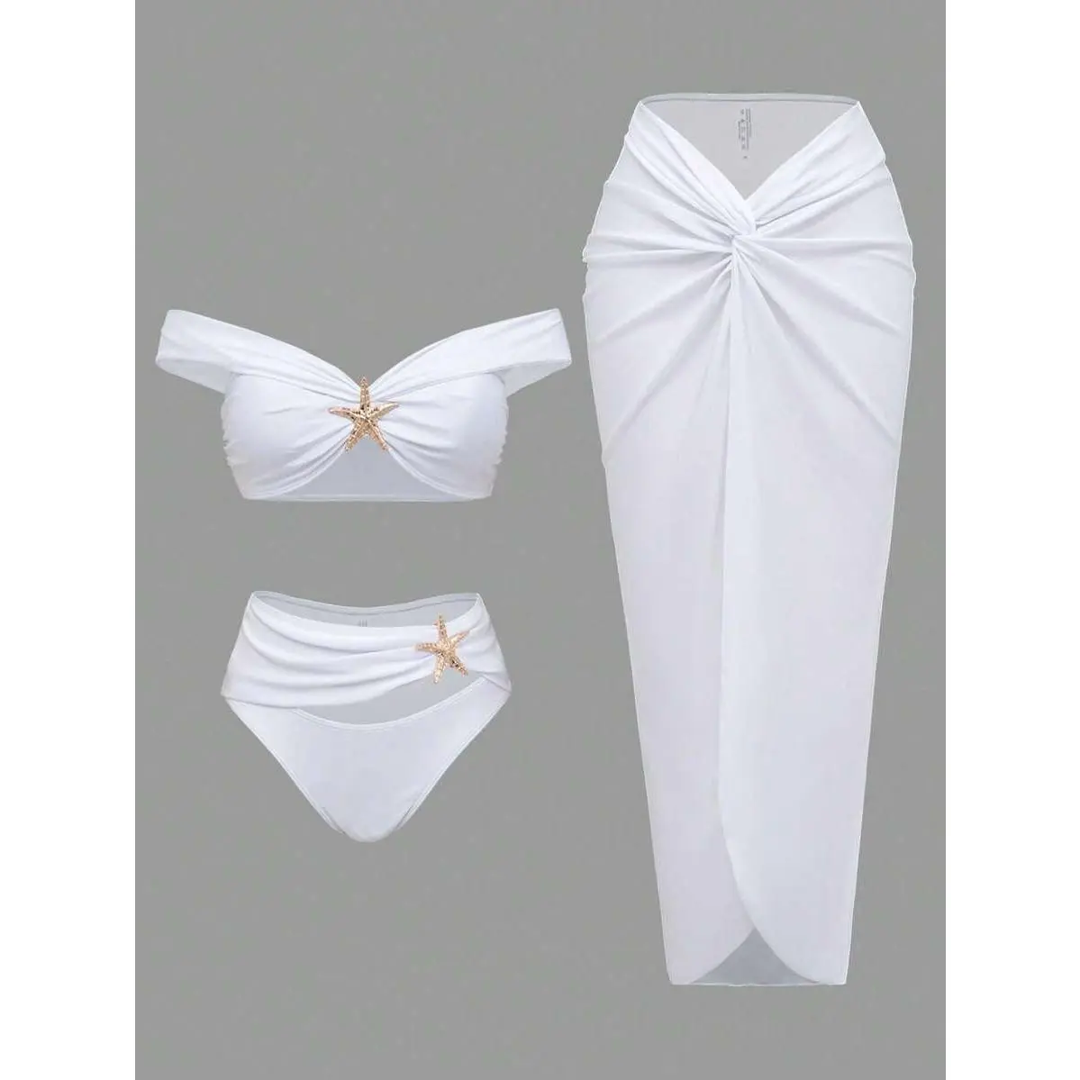 Women's 3-Piece Elastic Fabric Bikini Set - Off-Shoulder Top with Starfish Applique, High-Waisted Bottoms, Twist-Front Sarong Skirt, High-Stretch Swimwear