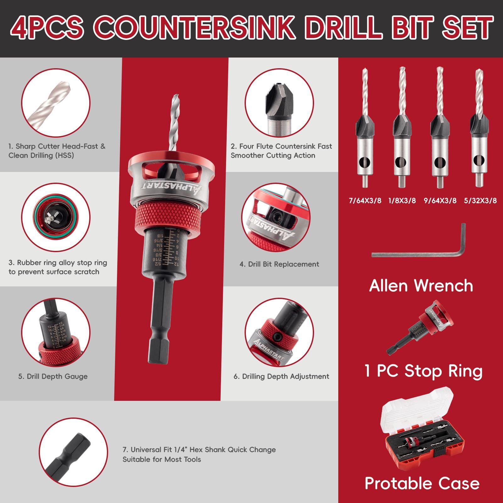 ALPHASTART 4PCS HCS (High Carbon Steel) 4-Blade Countersink Drill Bit Set with Adjustable Depth Stop, L-Shape Wrench, Work Tools for Precision Drilling, Suitable for Wood and Plastic, Tool Included for Drilling in Wood and Plastic ALPHASTART 4PCS HCS (High Carbon Steel) 4-Blade Countersink Drill Bit Set with Adjustable Depth Stop, L-Shape Wrench, Work Tools for Precision Drilling, Suitable for Wood and Plastic, Tool Included for Drilling in Wood and Plastic