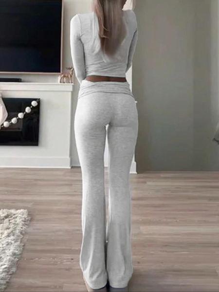 Women's Solid Color Square Neck Crop Tee & Flare Leg Pants Set, Casual Fashion Cozy Two Piece Outfits for Daily Outdoor Wear, Airport Outfit