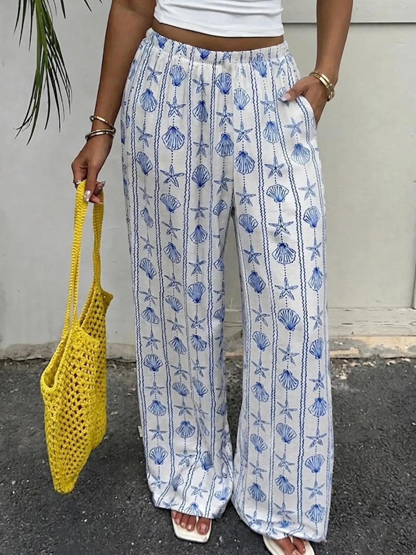 Women's Trendy Seashell & Starfish Print Wide Leg Pants, Casual Adjustable Drawstring Beach Trousers, Summer Coastal Style Perfect For Vacations, Lounging, Errands, Brunch And Casual Everyday Styling