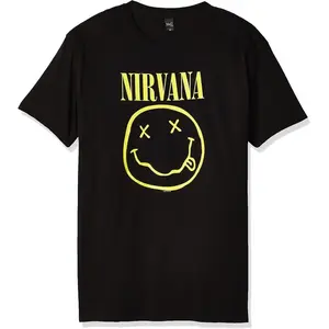 Mens Fashionable Crew Neck T-Shirt -Comfortable Fit Slight Stretch Patterned Print Nirvana Smiley Face T-Shirt - Iconic Grunge Band Merch T-Shirt Casual Short Sleeves for Summer and SpringSeasons comfortwear