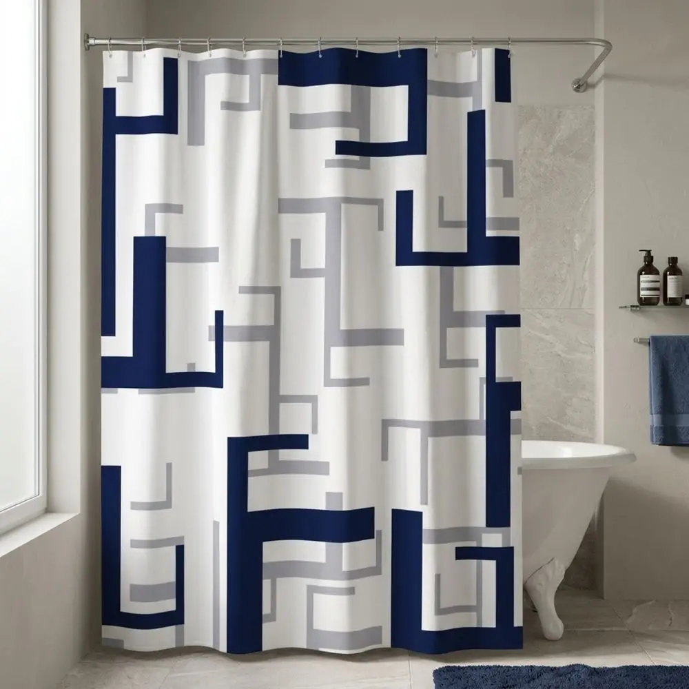 Modern Geometric Shower Curtain Navy Blue Gray Abstract Maze Design, Bold Right-Angled Lines on White Background for Bathroom Decor, Stylish Architectural Pattern Bath Set with Curved Rod, Perfect Holiday Gift for Home & Bath