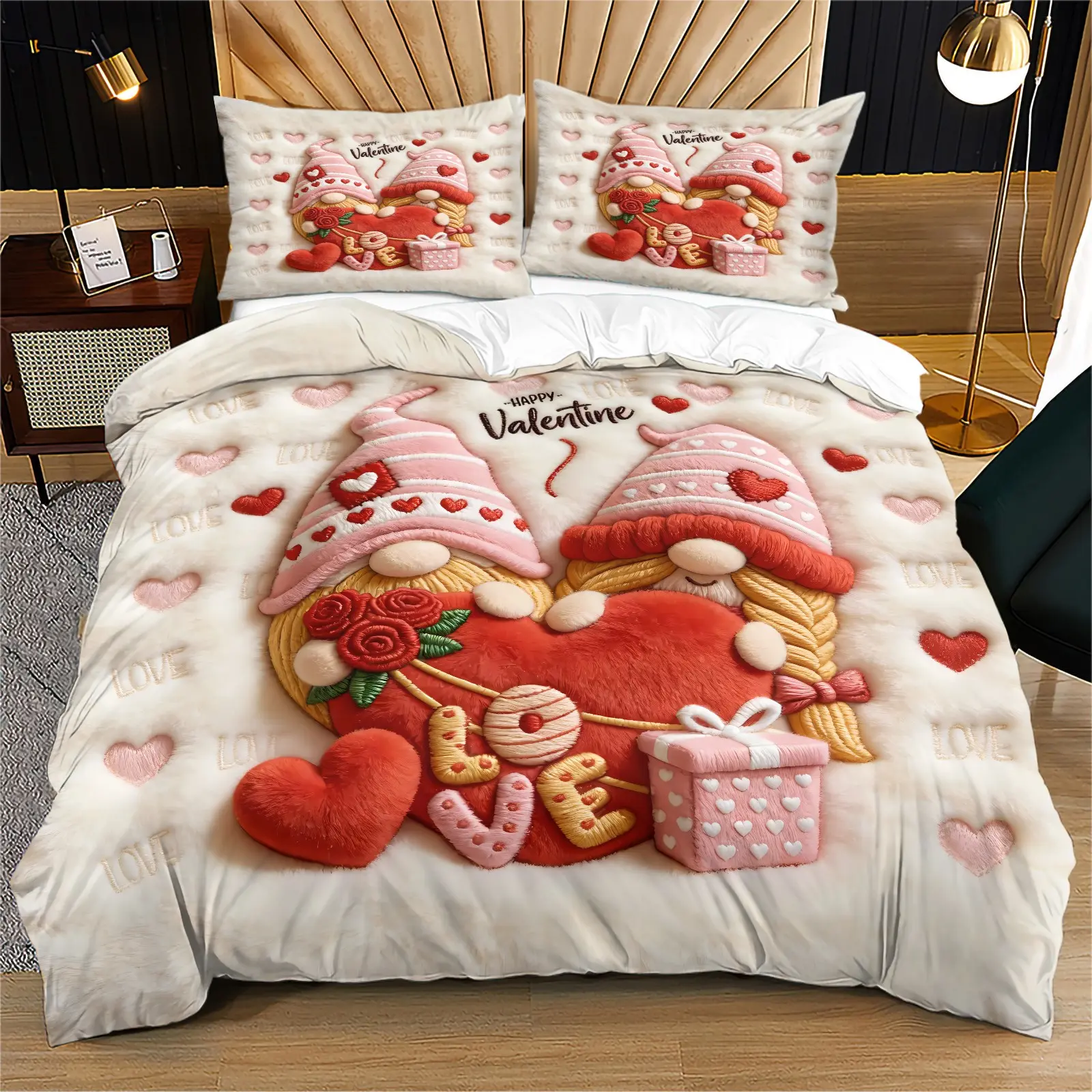 Faux Fur Gnome Valentine Decorative Duvet Cover Set, Wrinkle Resistant Soft Microfiber, Love Themed Decor for Anniversary Gift