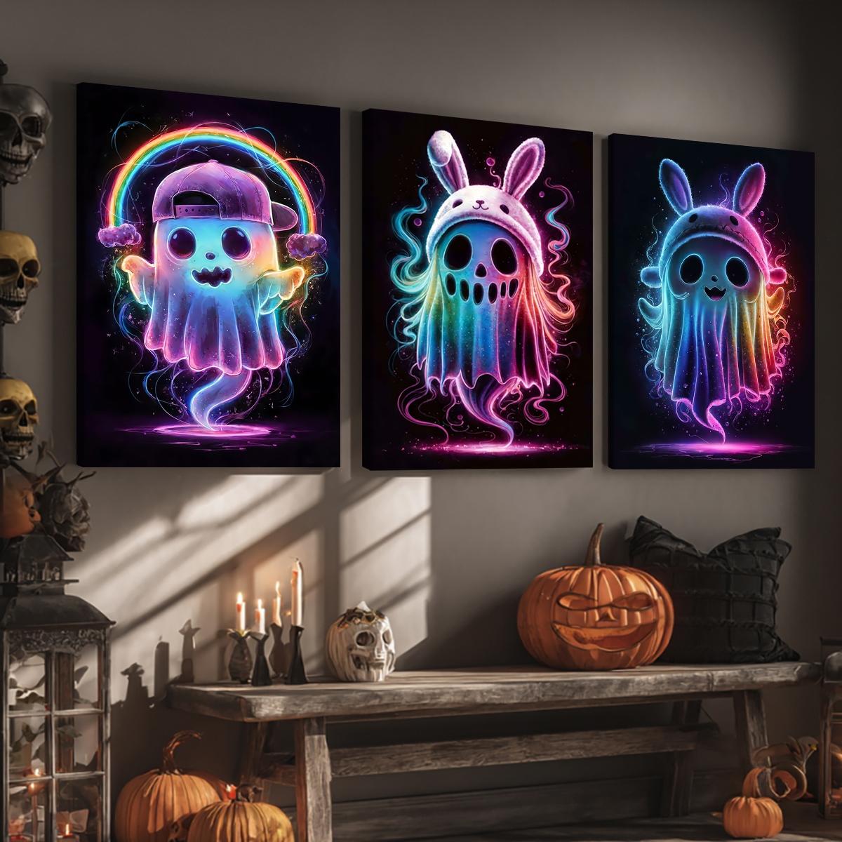 3 Counts Wooden Framed Canvas, Rainbow Ghost Poster, Halloween Home Poster, Halloween Party Decorations, Living Room And Bedroom Hanging Paintings, Horror Theme, Interesting Posters, Exquisite Gifts, High-Definition Art