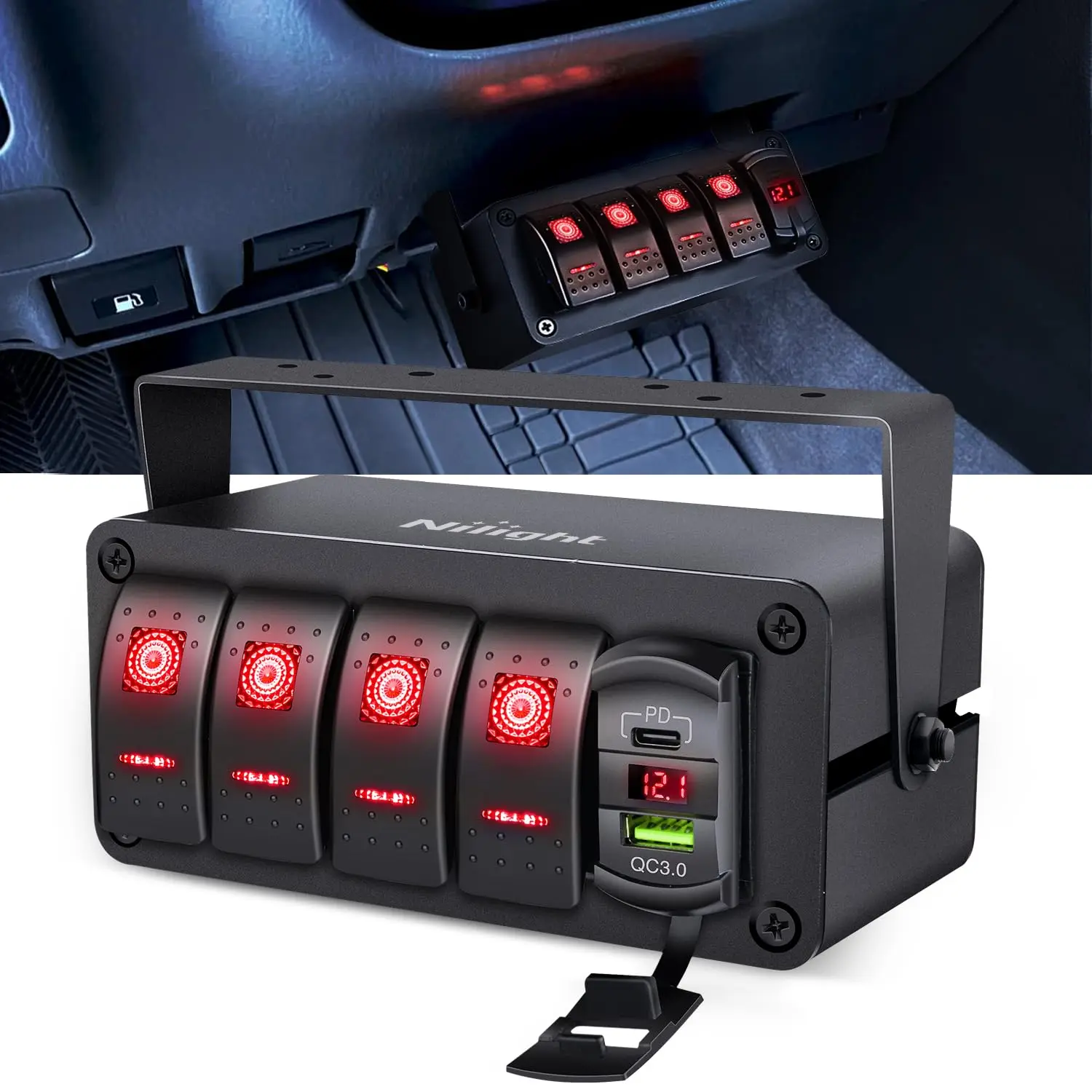 Nilight 4-Gang 12V SPST ON-Off Rocker Switch Box with Waterproof Aluminum Mount Bracket Panel, PD Type-C & QC 3.0 USB Charger, Voltmeter, LED Light, DIY Stickers for Boat, RV