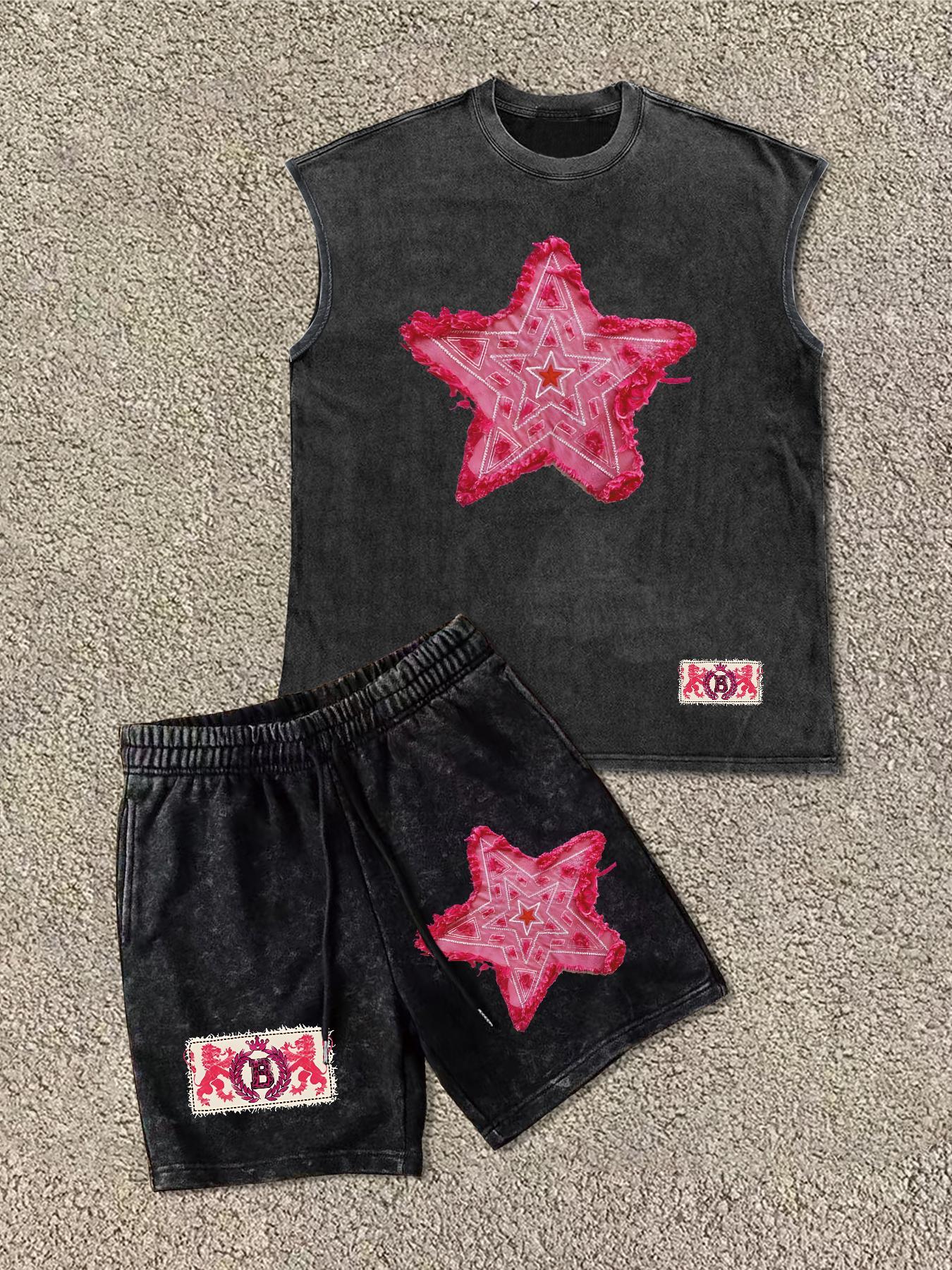 Men's Star & Letter Print Tank Top & Shorts Two-Piece Set, Regular Fit Casual Street Sleeveless Top & Shorts for Daily Wear, Men's Clothing for All Seasons, Cotton