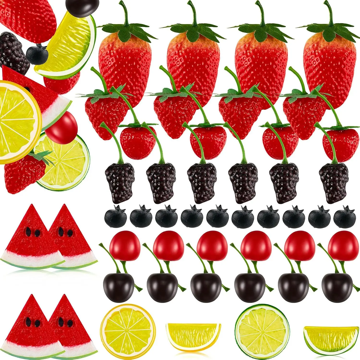 50 count  Fruit Artificial Plastic Fruit,  Strawberries Cherries Mulberries Watermelon Slices Blueberries  Slices for  Kitchen Decoration Photography Prop Party Plastic Cake Crafts