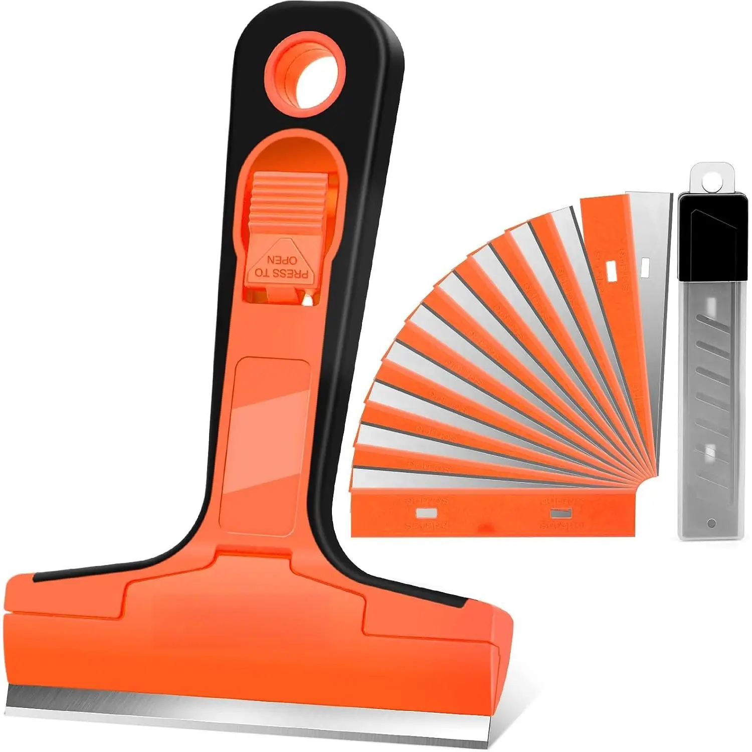 4 in Lock Mechanism Razor Scraper Tool Kit Set for Household Users, with 20 Metal/Plastic Flat Blades - Multi-Purpose Home Improvement Cleaner for Window, Oven Removal