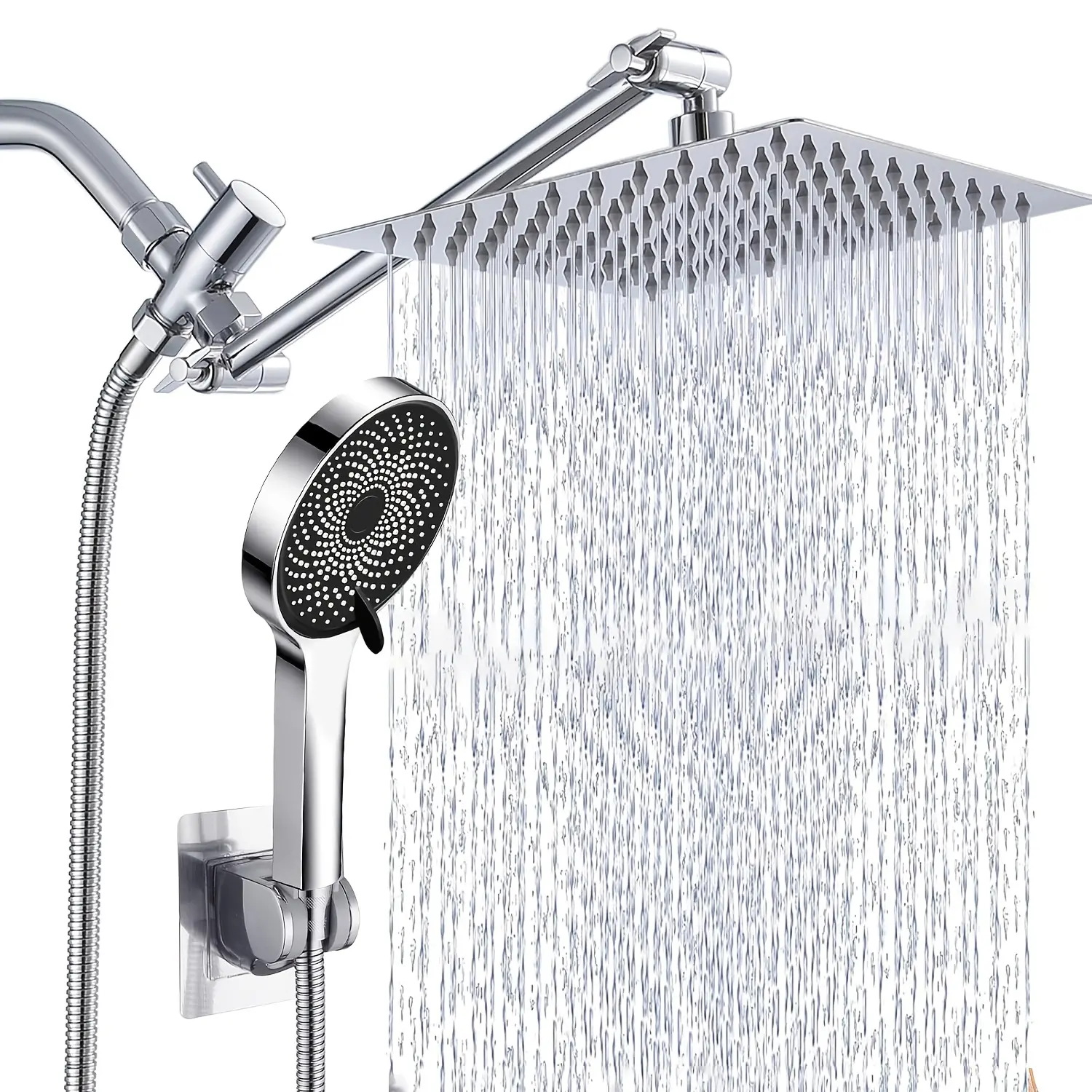 Stainless Steel Dual Shower Set - 8/10/12 In High Pressure Rainfall Shower Head with Handheld Spray, Adjustable Arm, 60 In Hose, Silver Finish, Easy Install, Prevents Clogs
