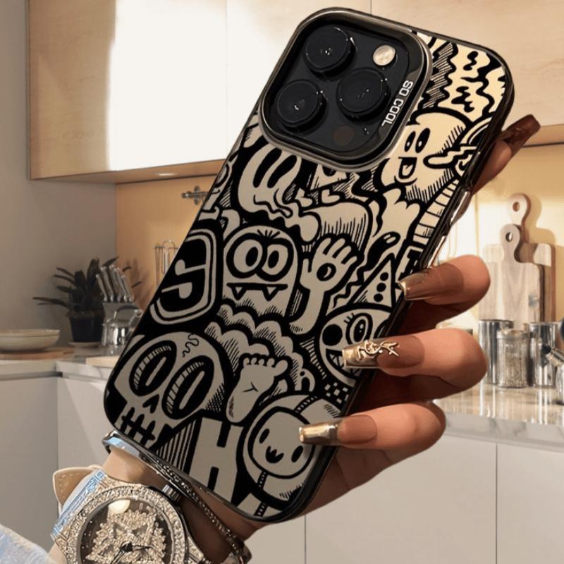 High-end black graffiti pattern laser frosted mobile phone case suitable for iPhone11 12 13 14 15 16 XS XR X 7 8 6s Mini Plus Pro Max SE series, suitable as a gift for girlfriend, boyfriend, friend or yourself Protector Wireless