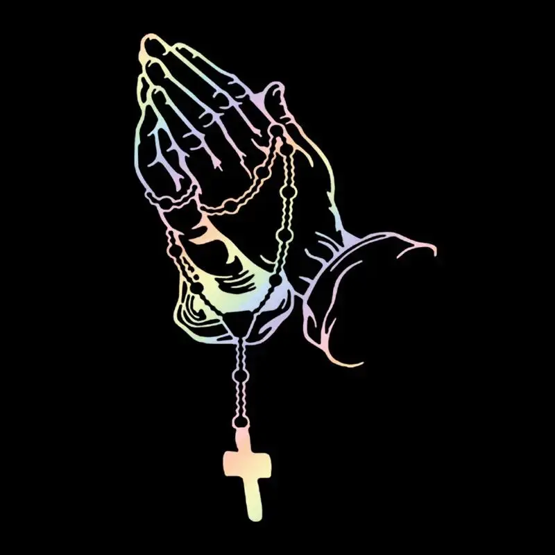 Holographic Praying Hands Rosary Cross Car Decal, Religious Faith Laser Vinyl Waterproof Sticker, Catholic Auto Window Body Decor for Cars Trucks SUVs