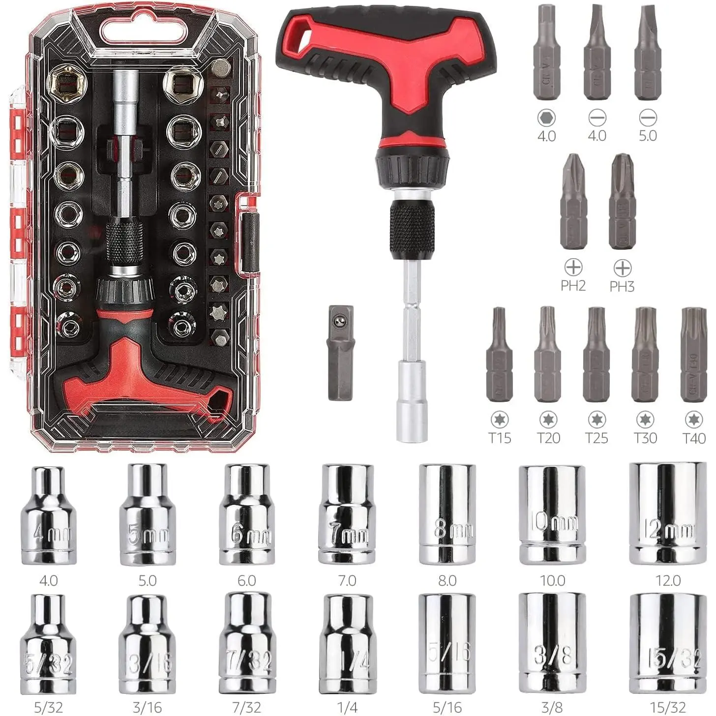 27-Piece Ratchet Screwdriver and Socket Set, Light-Duty T-Handle with Magnetic Bit Holder, Cr-V Steel, for Household DIY, Electronics and Appliance Repair, Compact Tool wit Hard Case
