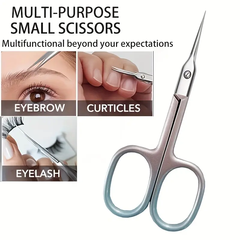 Precision Curved Stainless Steel Scissors - Multi-Purpose Beauty Tool for Eyebrows, Nails, and Makeup Care, Non-Slip Grip, Scent-Free, Ideal for Trimming, Shaping, and Precise Cutting, Makeup Care Essentials | Sleek Metallic Finish | Sharp Curved Blades